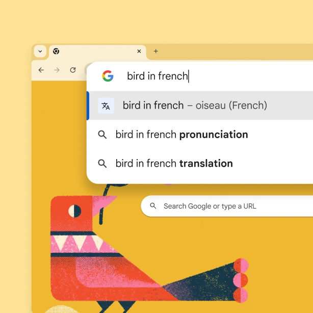 The Google search page with a picture of a bird and a search for “Bird in French” with the result “oiseau”