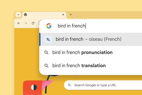 The Google search page with a picture of a bird and a search for “Bird in French” with the result “oiseau”