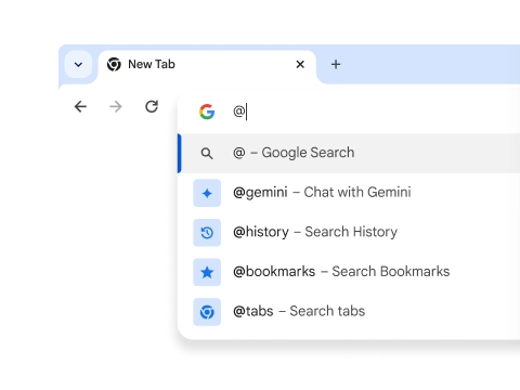 A dropdown with shortcuts for Gemini, History, Bookmarks, and Tabs.