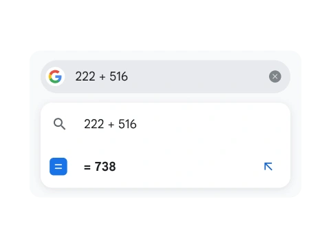 A search for 222 + 516 shows the result of 738.